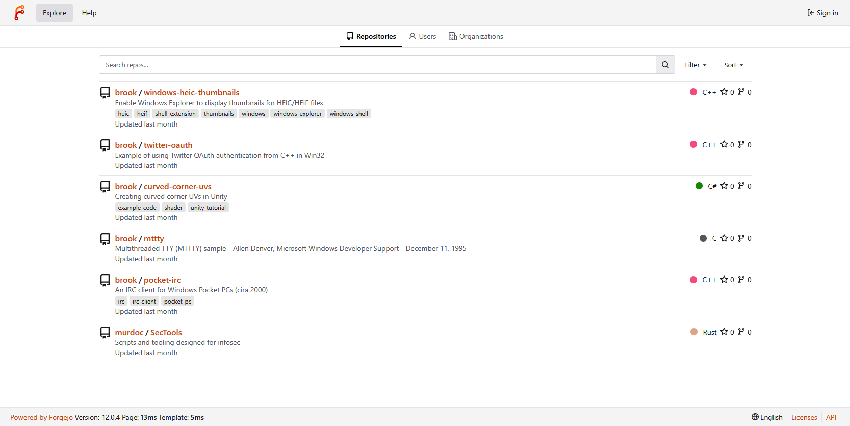 Screenshot of Forgejo explore repositories page, with a short list of projects in various programming languages.